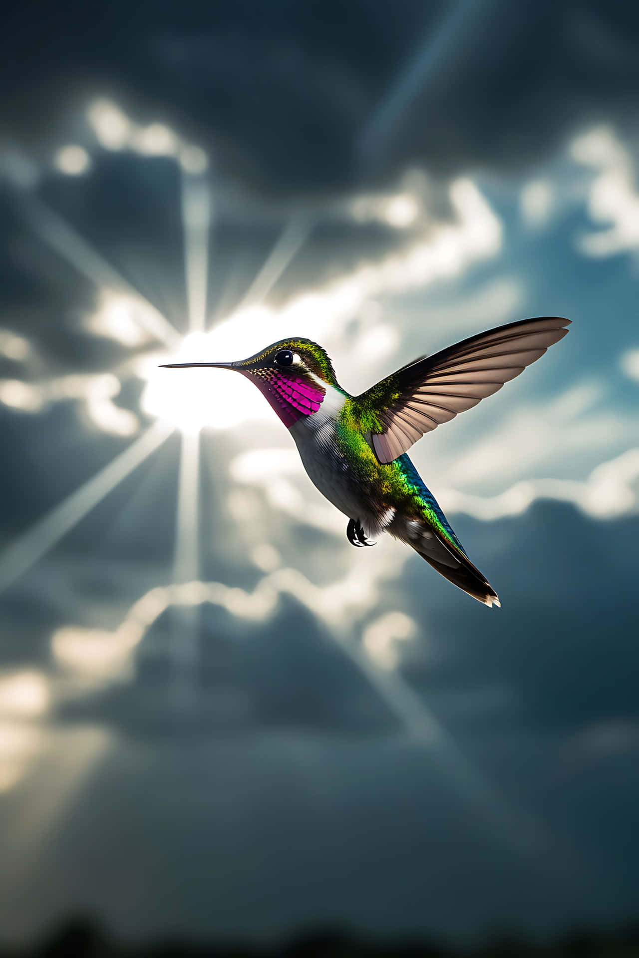 一隻蜂鳥在飛行中，背景是多雲的天空，陽光穿透雲層。 — 鳥 壁紙