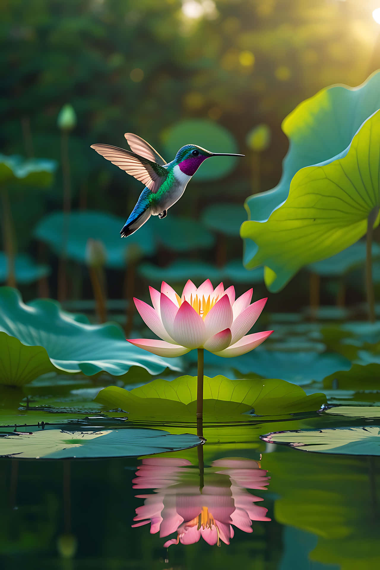 Hummingbird hovering over lotus flower 壁紙 — 一隻色彩鮮豔的蜂鳥在粉紅色蓮花附近盤旋，蓮花倒映在平靜的水面上，周圍環繞著茂盛的綠色睡蓮葉。