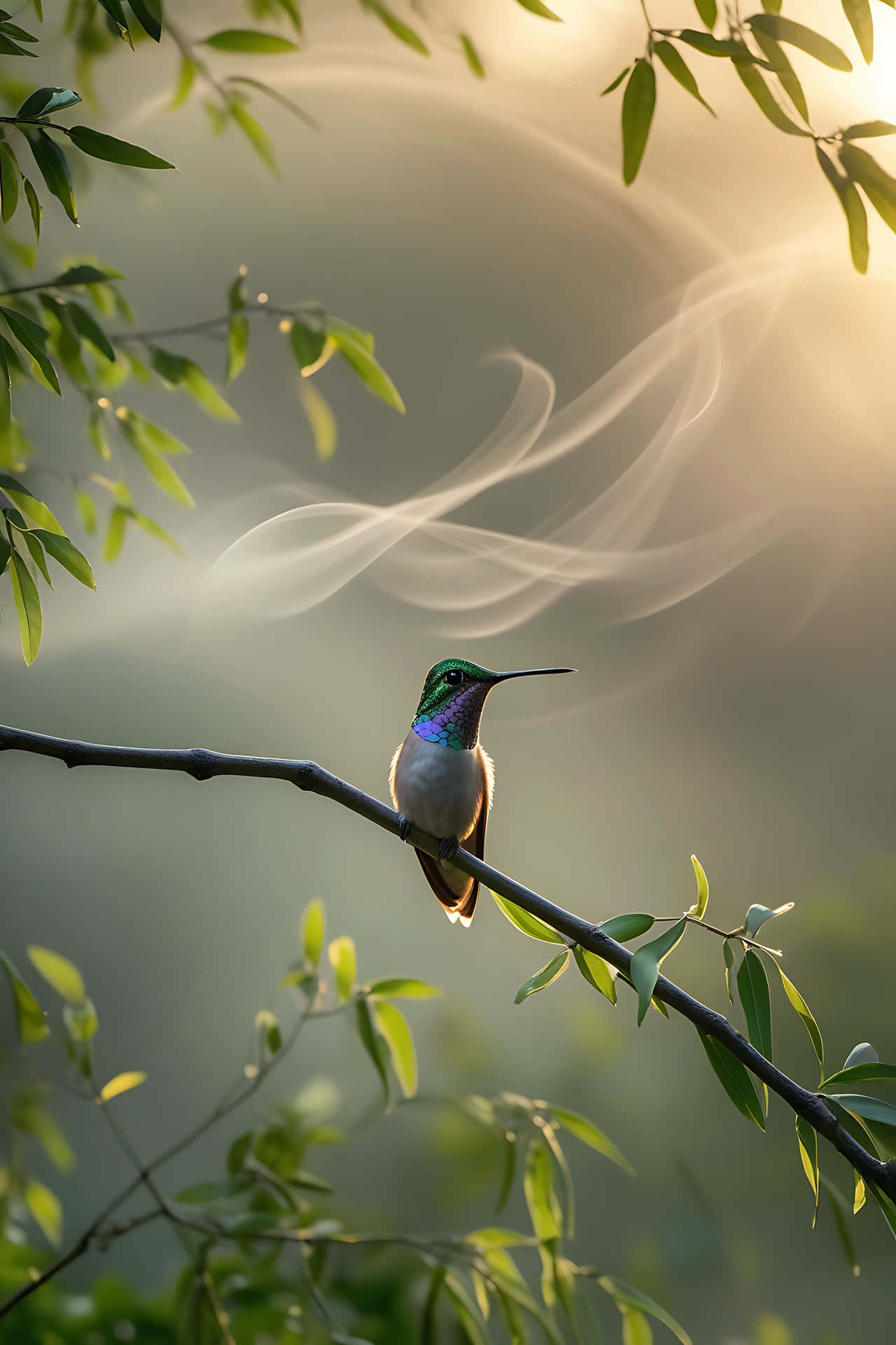 Hummingbird perched on branch in sunlight 壁紙 — 一隻色彩鮮豔的蜂鳥棲息在樹枝上，柔和的金色光芒和縷縷輕煙在它身後穿過綠色樹葉旋轉。