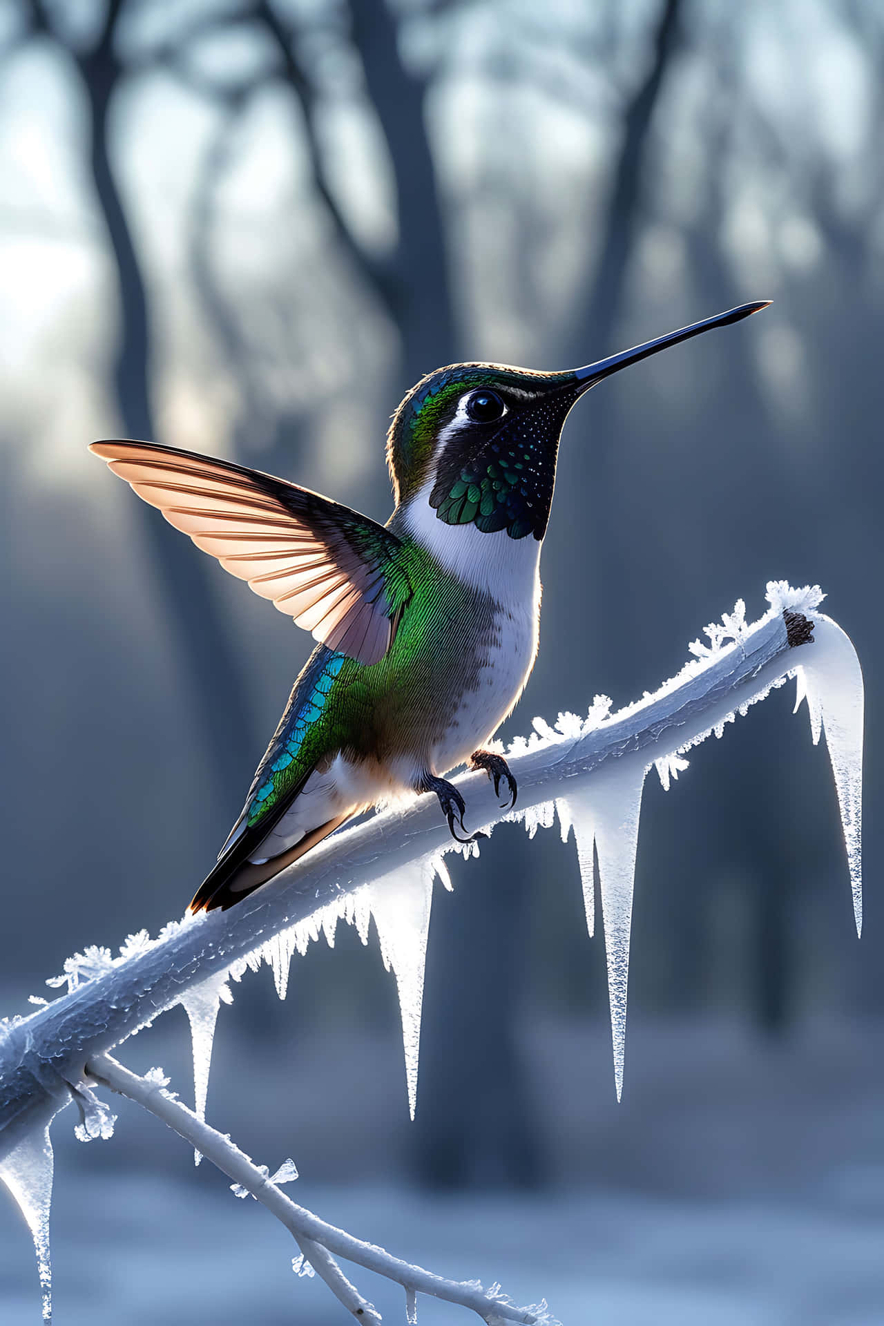 Hummingbird on icy branch 壁紙 — 一隻色彩鮮豔的蜂鳥棲息在結冰的樹枝上，下方掛著冰柱，背景是模糊的冬季森林。