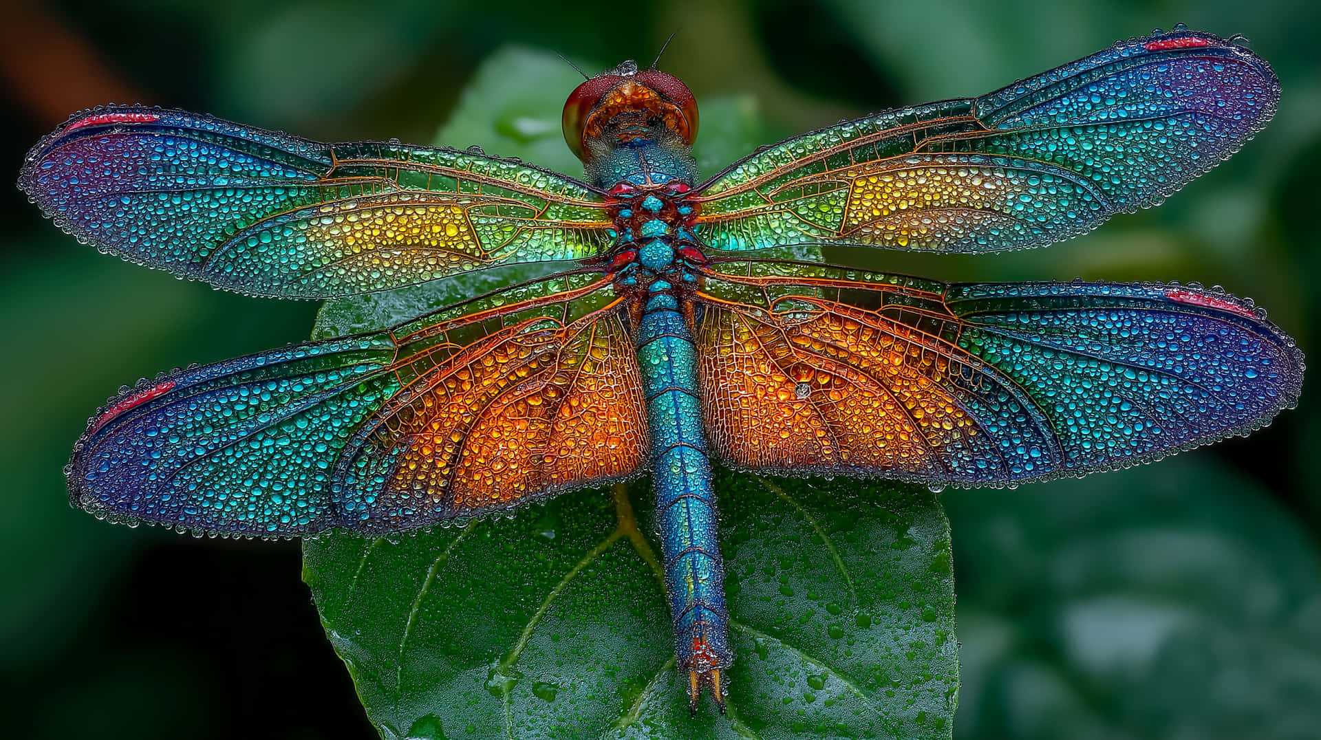 Vibrant Dragonfly Wings: Detailed Macro on Lush Green Leaf 壁紙 — 一隻色彩鮮豔的蜻蜓，帶有虹彩藍綠色和橙色翅膀，佈滿露珠，棲息在濕潤的綠葉上。