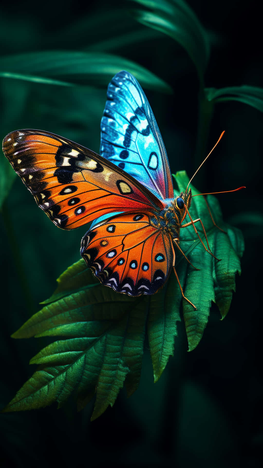 butterfly on a leaf 壁紙 — 一隻色彩鮮豔的蝴蝶，翅膀呈橙色和藍色，在深色背景下輕輕停在一塊茂盛的綠葉上。