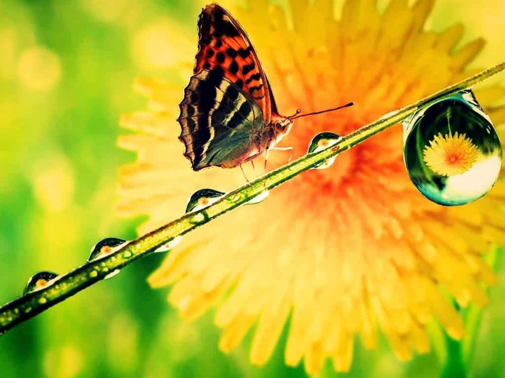 Butterfly Photography 桌布 壁紙 — 一隻色彩鮮豔的蝴蝶棲息在沾滿露水的莖上，蒲公英上方有一滴水珠反射出花朵。