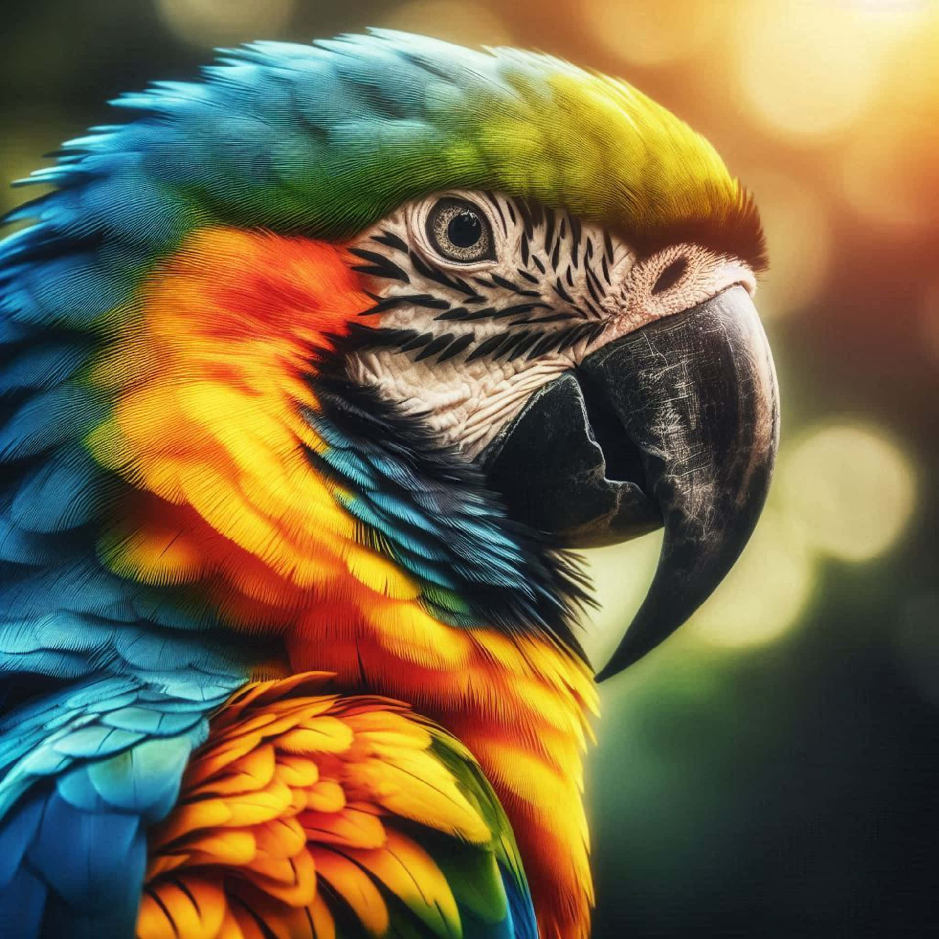 blue and yellow macaw 壁紙 — 一隻色彩鮮豔的金剛鸚鵡特寫，羽毛呈藍、綠、黃、橙色，背景是溫暖的散景。