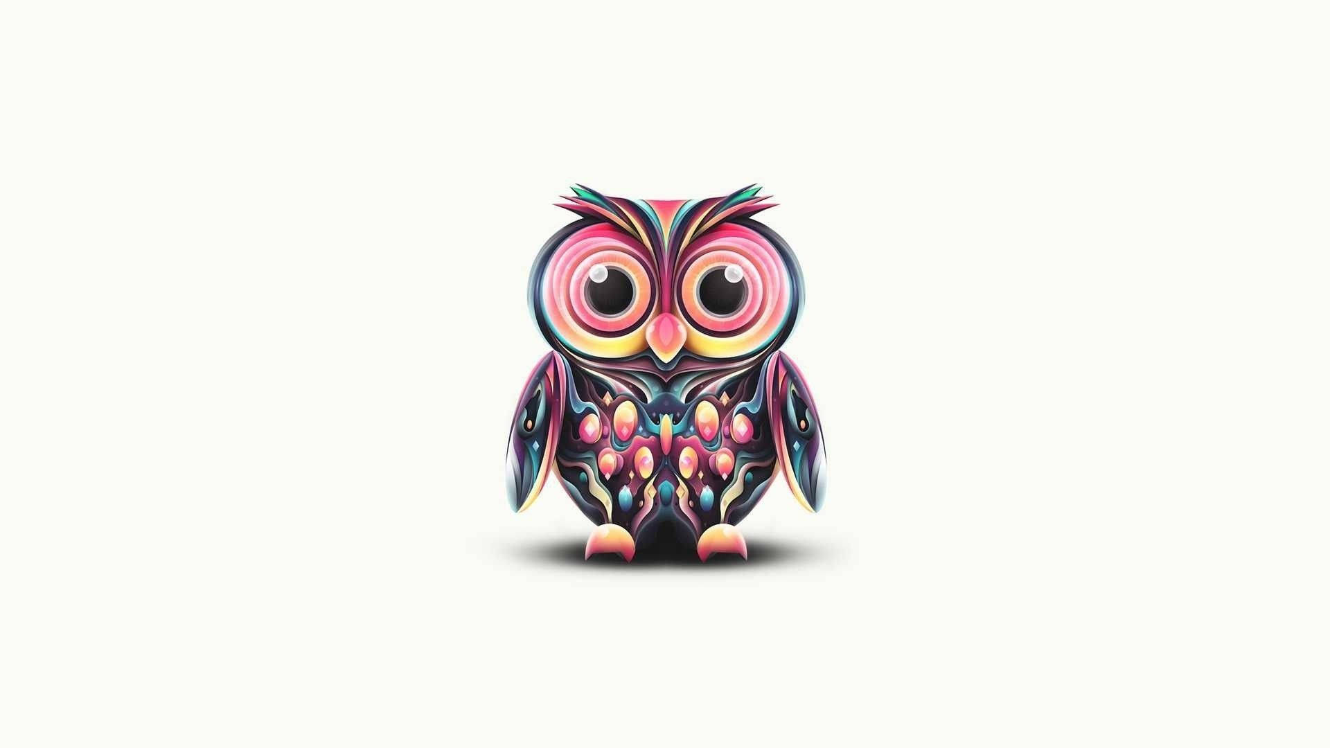Baby Owl 桌布 壁紙 — 一隻色彩鮮豔的風格化貓頭鷹，帶有旋轉的彩虹圖案和一雙大而有表現力的眼睛，背景是純淨的米白色。
