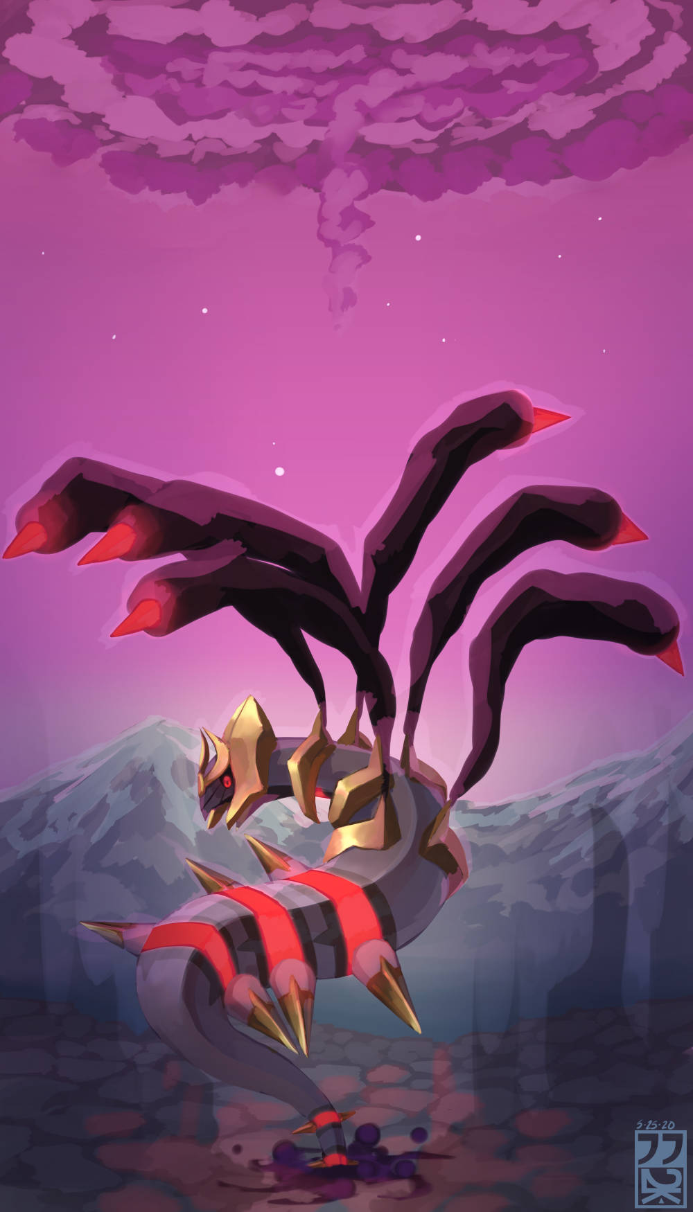 Giratina 桌布 壁紙 — 一隻莊嚴的深紫色和金色龍，帶有紅色尖端的翅膀，站在岩石山頂上，在繁星點點的紫色天空下。