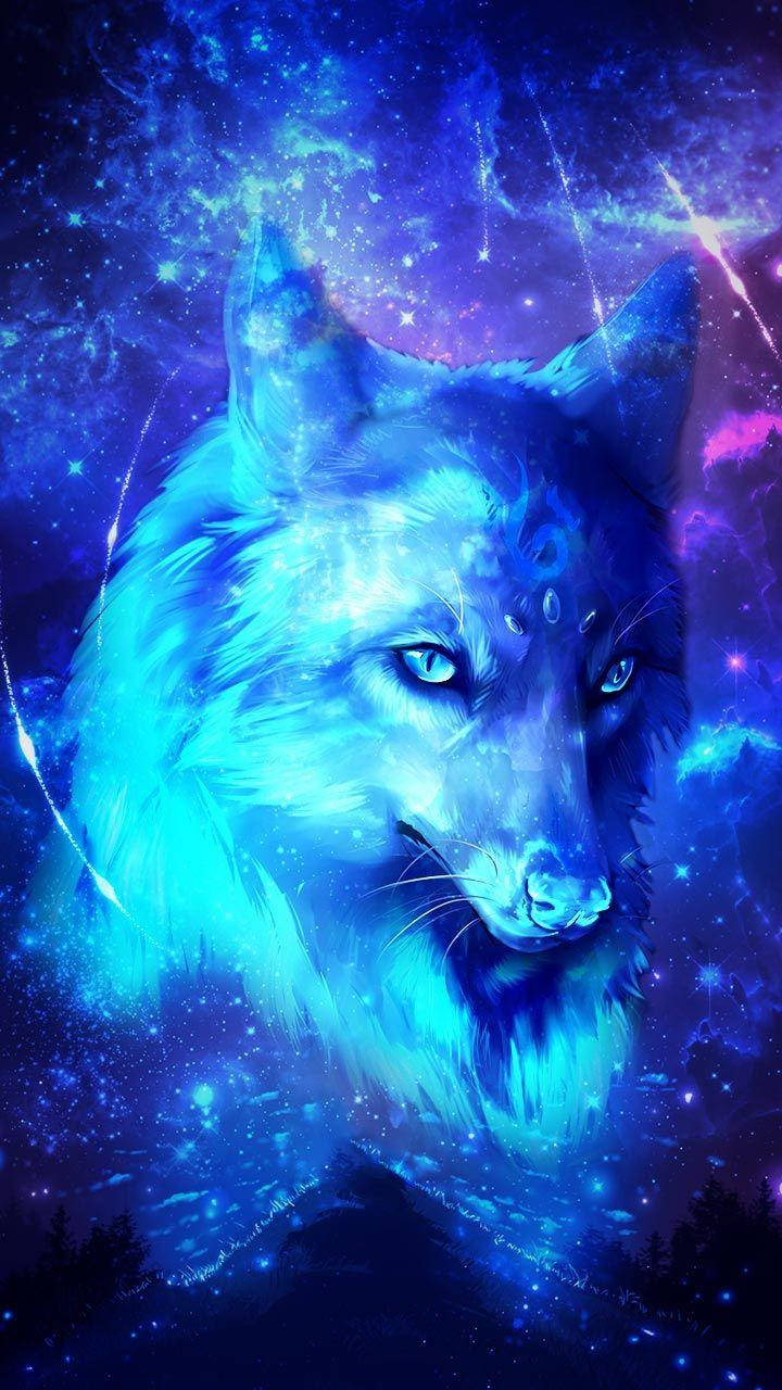 狼 桌布 壁紙 — 一隻莊嚴的發光藍色狼，有著星形眼睛，在紫色和電光藍色的宇宙星雲背景下向前凝視。
