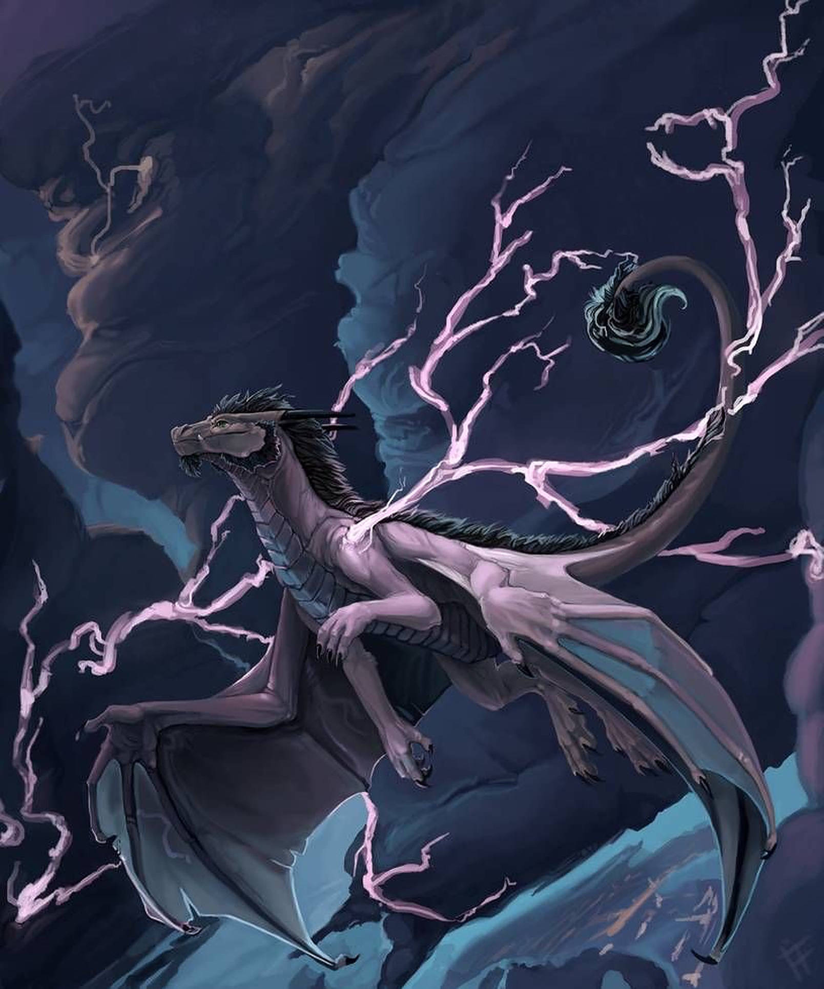 雷龍 桌布 壁紙 — 一隻莊嚴的紫色巨龍在暴風天空中翱翔，粉紅色閃電在烏雲中劈啪作響。