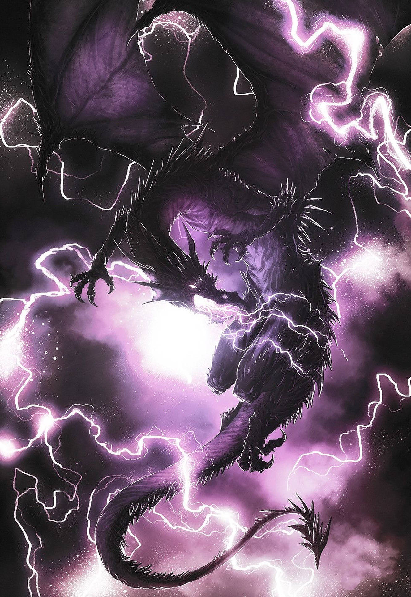 雷龍 桌布 壁紙 — 一隻莊嚴的紫色龍，眼睛發光，閃電在翅膀周圍劈啪作響，翱翔於風暴般的宇宙天空中。