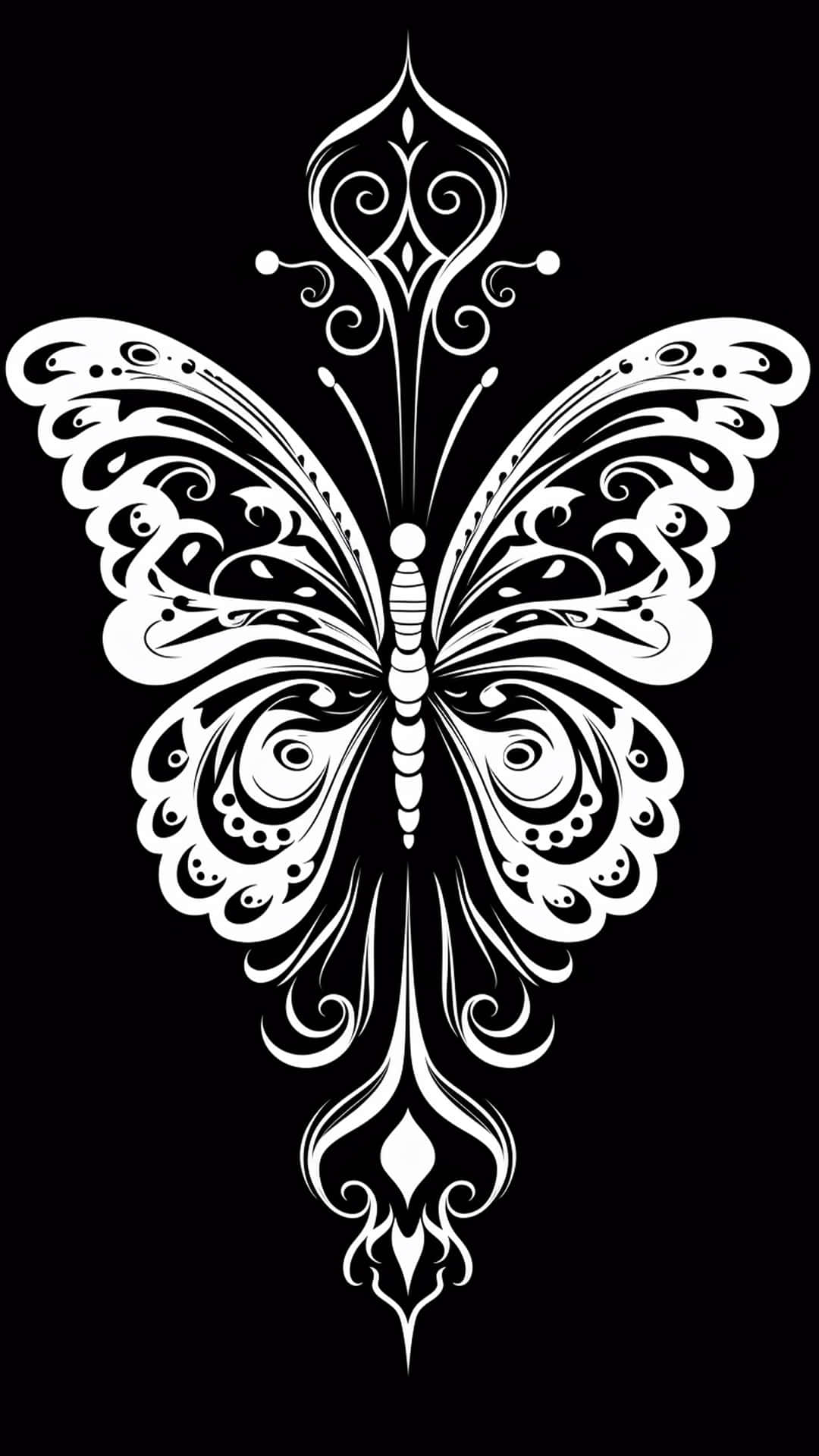 butterfly art desing new 壁紙 — 一隻華麗的白色蝴蝶，帶有複雜的漩渦圖案和對稱設計，在純黑色背景上脫穎而出。