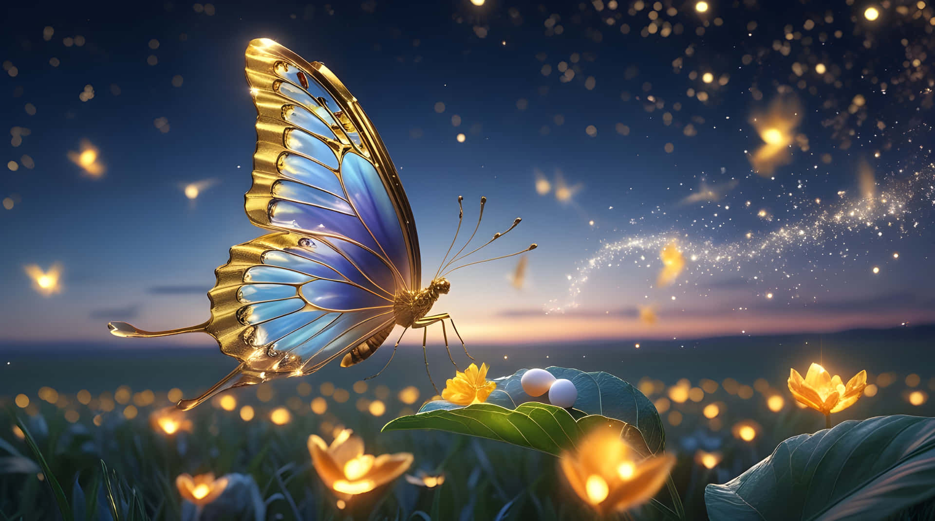 A beautiful butterfly in flowers 壁紙 — 一隻華麗的金藍色蝴蝶在星光燦爛的黃昏天空下，滑翔於發光的黃色花朵之上。
