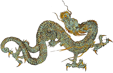 中國龍 桌布 壁紙 — 一隻華麗的龍，帶有青綠色鱗片和金色點綴，在純黑背景上動態盤繞。