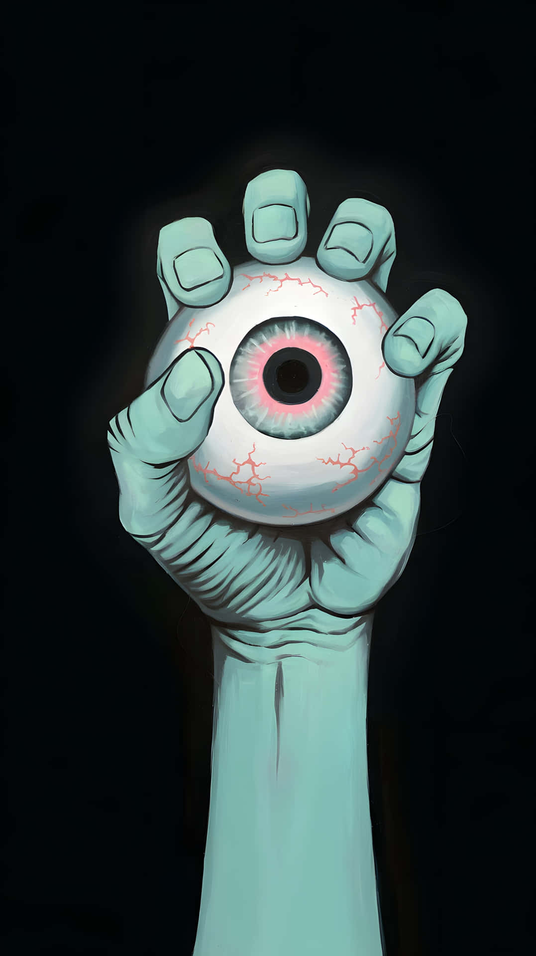 Hand and Eyeball 壁紙 — 一隻蒼白、皮膚龜裂的手，在黑色背景前握著一顆發光的眼球。