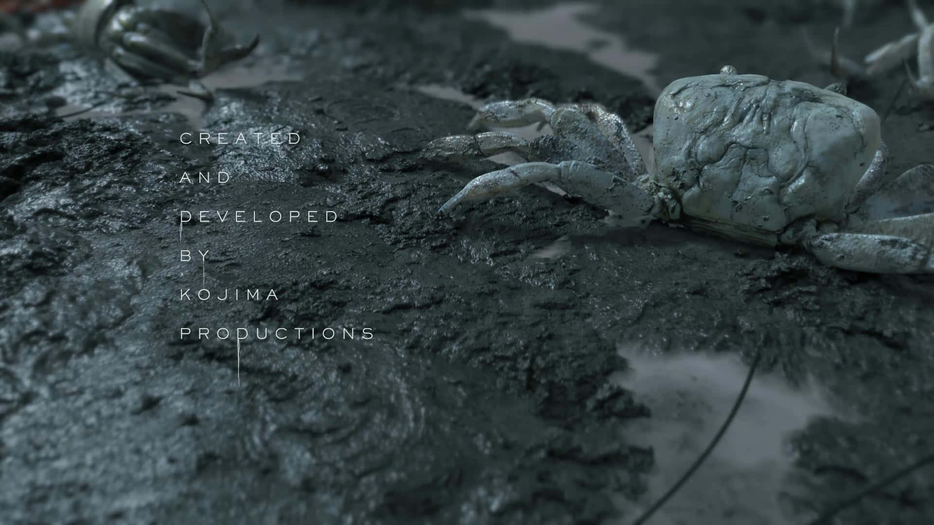 Death Stranding Pc 桌布 壁紙 — 一隻蒼白的螃蟹在深色濕泥上休息的特寫，文字疊加顯示由 kojima productions 創作及開發。