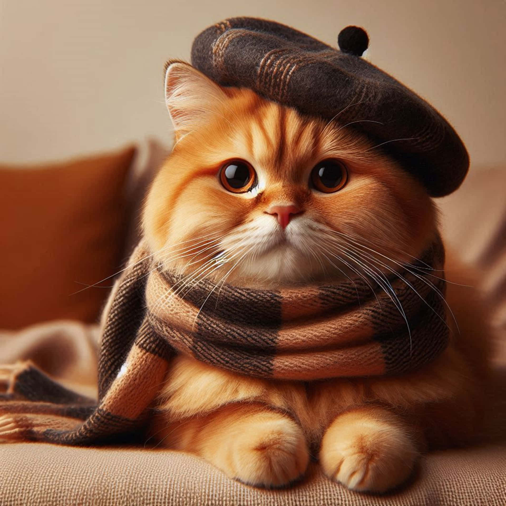 Caramel cat, with plaid scarf. 壁紙 — 一隻蓬鬆的薑貓戴著棕色貝雷帽和格子圍巾，坐在米色沙發上。