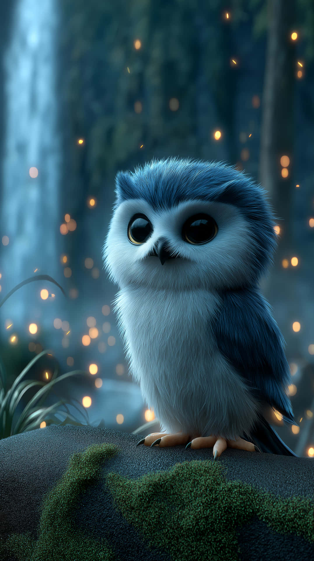 Adorable Fluffy Owl with Big Eyes in Enchanted Forest 壁紙 — 一隻蓬鬆的藍白貓頭鷹棲息在長滿苔蘚的石頭上，身處一個閃爍著金色螢火蟲的迷霧森林中。