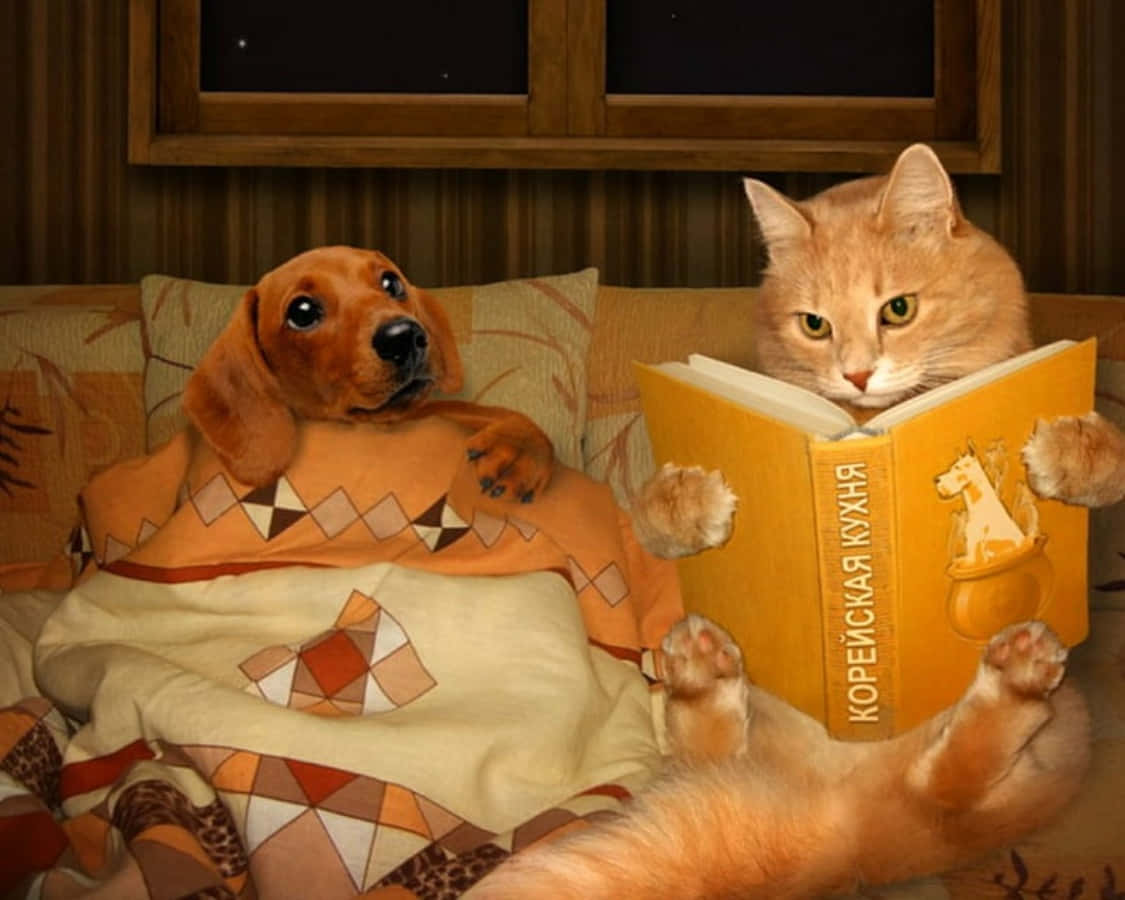 動物 桌布 壁紙 — 一隻薑貓在讀烹飪書，而一隻裹著毯子的臘腸犬在夜晚從舒適的沙發上看著。
