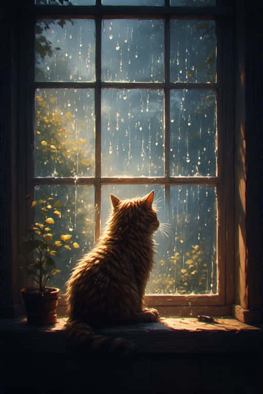 Cozy Cat and Rainy Window – Cinematic 8K 壁紙 — 一隻薑貓坐在木製窗台上，沐浴在溫暖的陽光中，雨水在身後的玻璃窗上流淌。