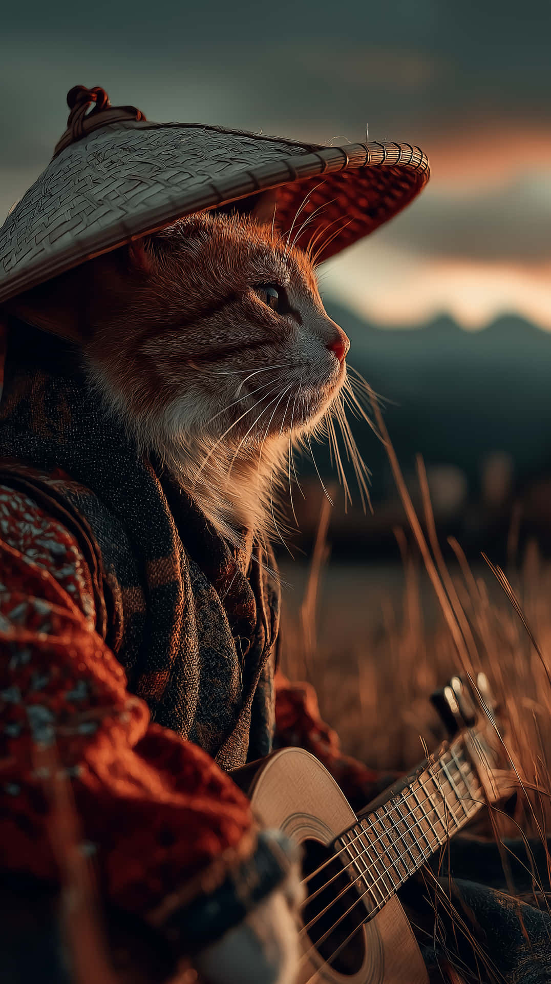 Adventurous Cat Musician with Guitar in a Mountain Landscape 壁紙 — 一隻薑貓戴著編織帽和圍巾，坐在高高的草叢中，抱著吉他，金色的夕陽灑在牠的臉上。