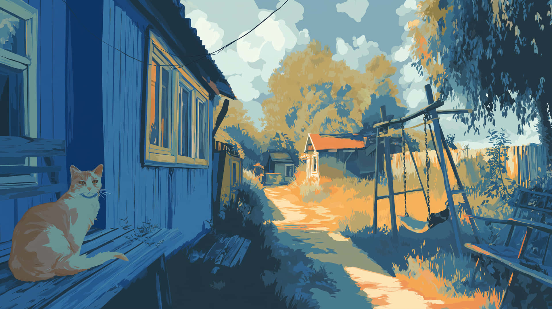 Charming Soviet Village Scene with Cat on Bench 壁紙 — 一隻薑貓躺在藍色木門廊上，陽光小徑蜿蜒穿過一個有鞦韆和遠處房屋的鄉村村莊。