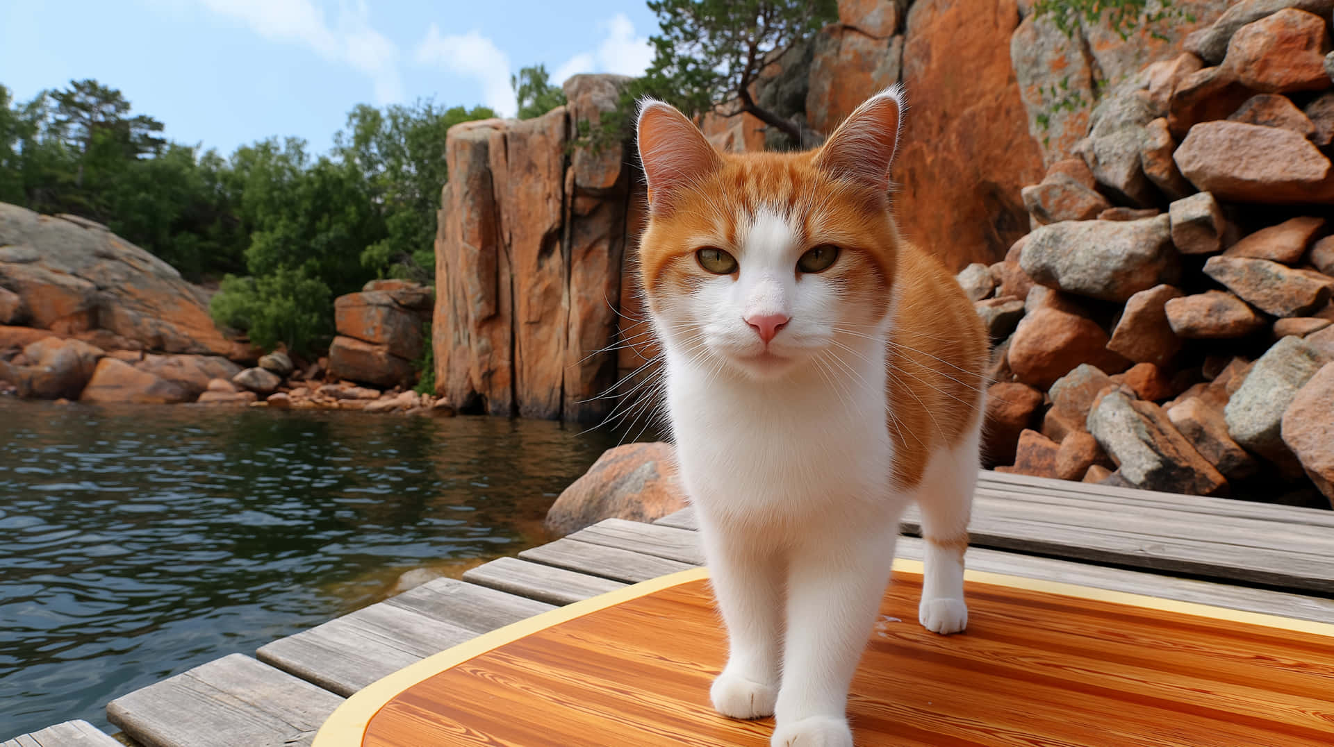Domestic Cat on Waterski, Lakeside View 壁紙 — 一隻薑黃色和白色的貓警覺地站在木製碼頭上，旁邊是平靜的水面，背景有岩石懸崖和綠樹。