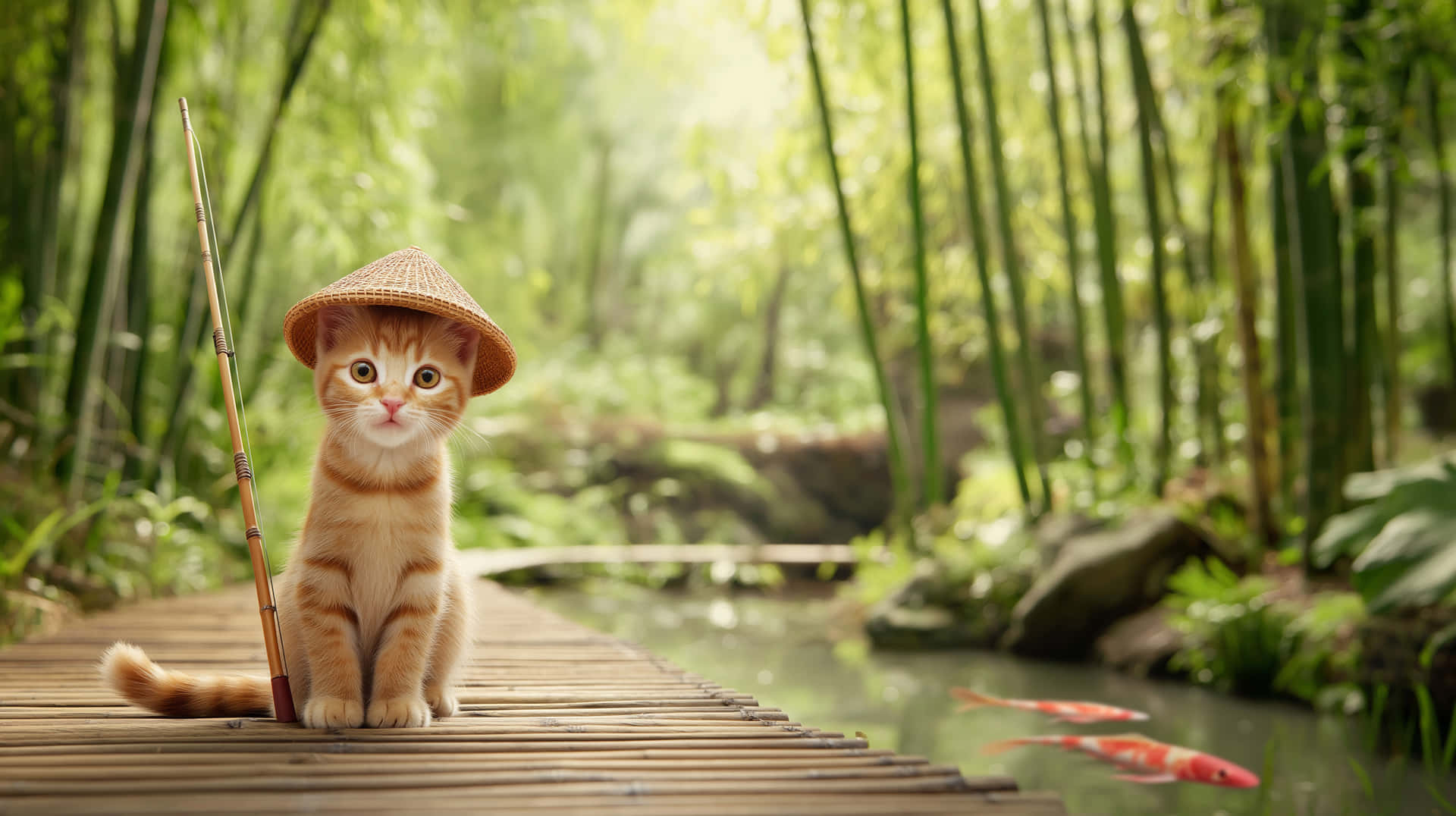 Cute Tabby Kitten Fisherman by a Serene Bamboo Forest 壁紙 — 一隻薑黃色小貓戴著草帽，拿著釣竿，坐在竹橋上，橋下有錦鯉游過。