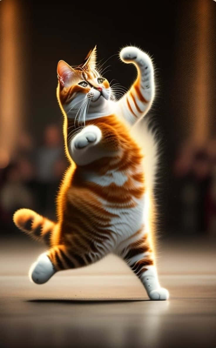 Dancing Cat 桌布 壁紙 — 一隻薑黃色虎斑貓擺出動感的舞蹈姿勢，一隻爪子抬起，在溫暖的舞台燈光下，背景是模糊的觀眾。