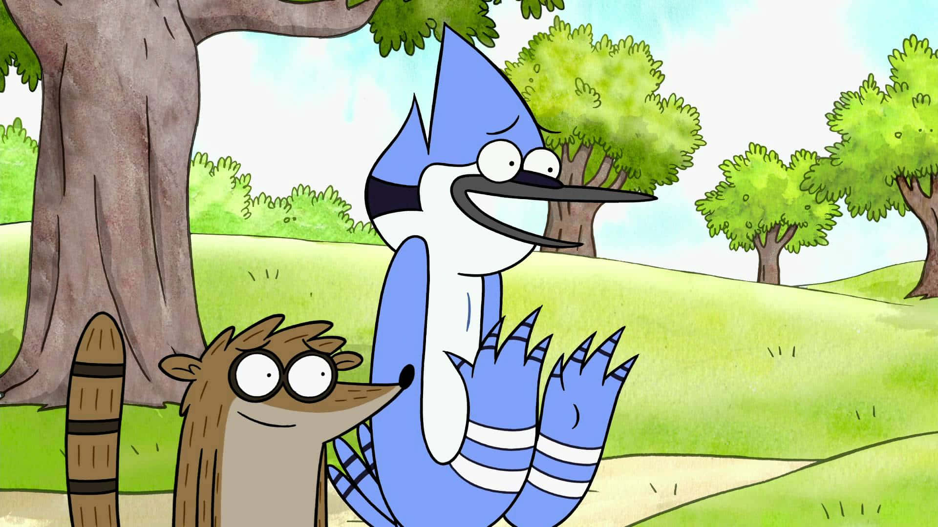 Regular Show 桌布 壁紙 — 一隻藍松鴉和一隻浣熊一起站在一個陽光明媚、有綠樹和草地的公園裡。