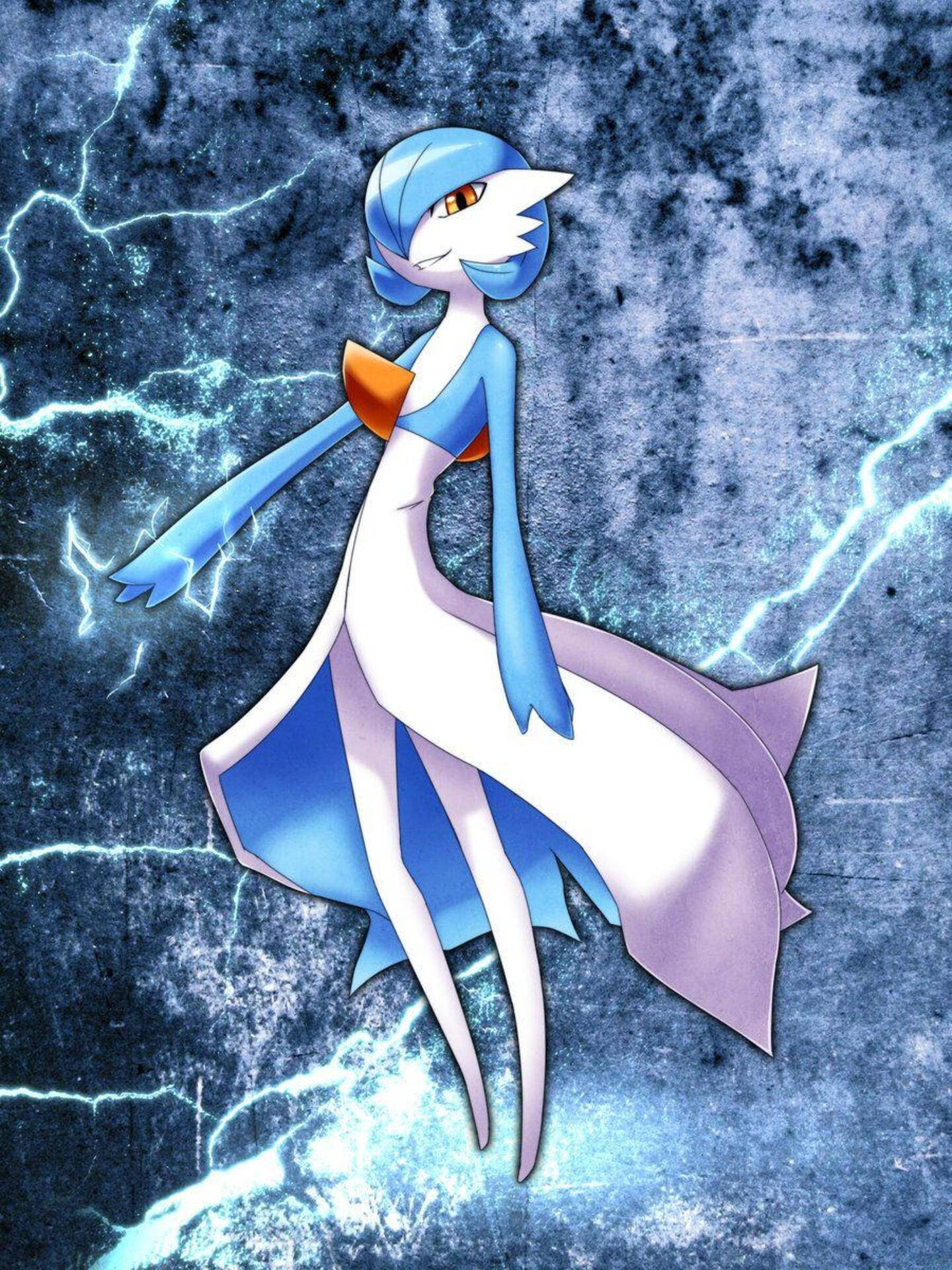 Gardevoir 桌布 壁紙 — 一隻藍白相間、帶有橙色點綴的動漫風格寶可夢，在風暴般的深藍色背景中，優雅地站立於噼啪作響的電閃雷鳴之間。