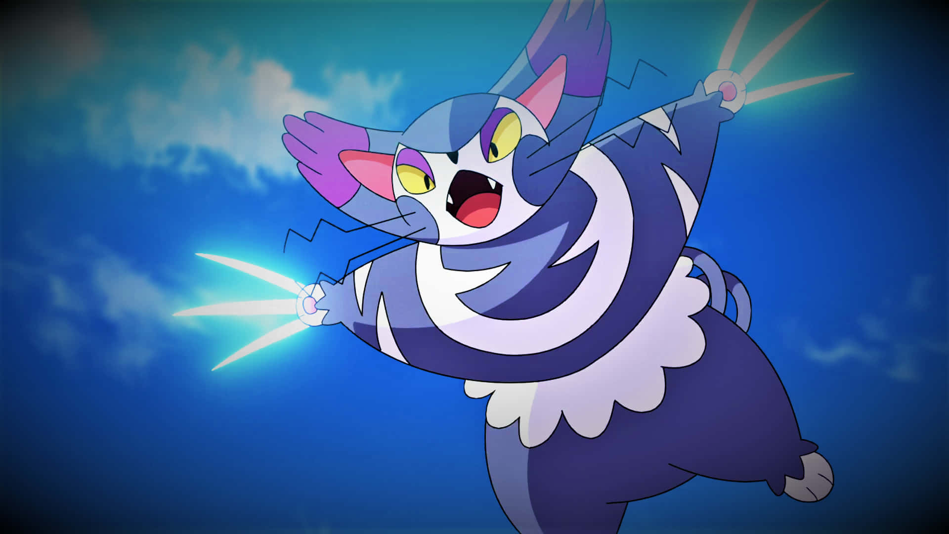 Pokemon 桌布 壁紙 — 一隻藍白相間、紫色耳朵、黃色眼睛的動漫貓狀生物，在陰雲密佈的藍天下從爪子釋放出明亮的電火花。