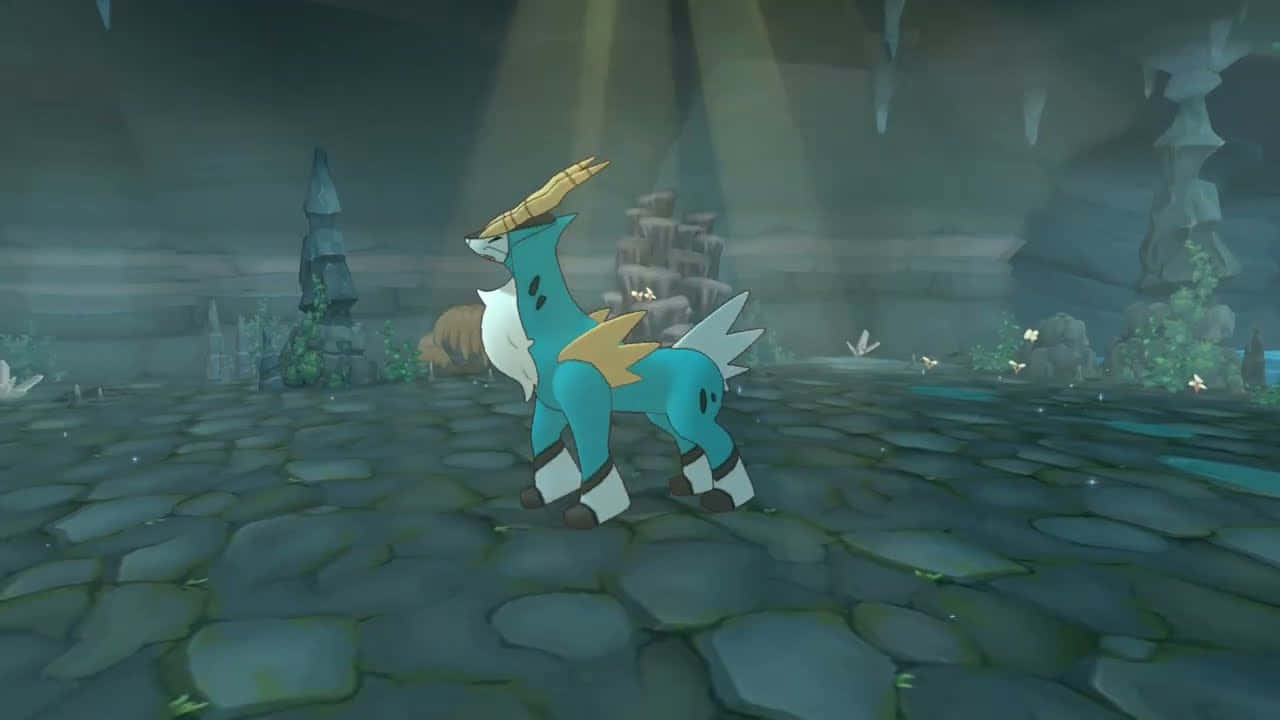 Pokémon 手機 桌布 壁紙 — 一隻藍白相間、長著金色獨角的神話生物，站在被光束照亮的霧氣繚繞的石洞中。