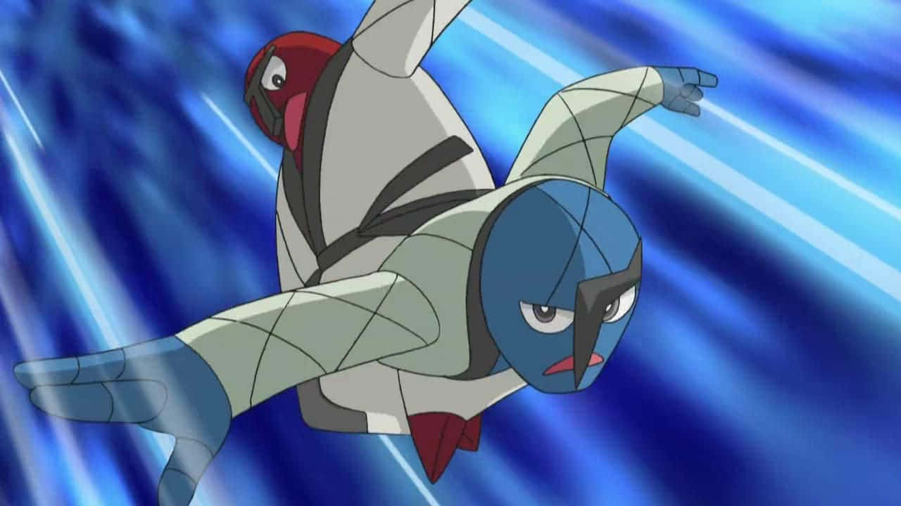 Pokemon Aesthetic 桌布 壁紙 — 一隻藍白色的動畫鳥類寶可夢在帶有發光光跡的條紋藍色背景上動態翱翔。