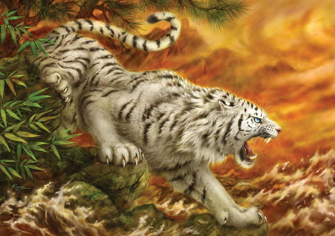 White Tiger 桌布 壁紙 — 一隻藍眼白虎在岩石上猛烈咆哮，周圍是火紅色的山脈和綠色竹子。