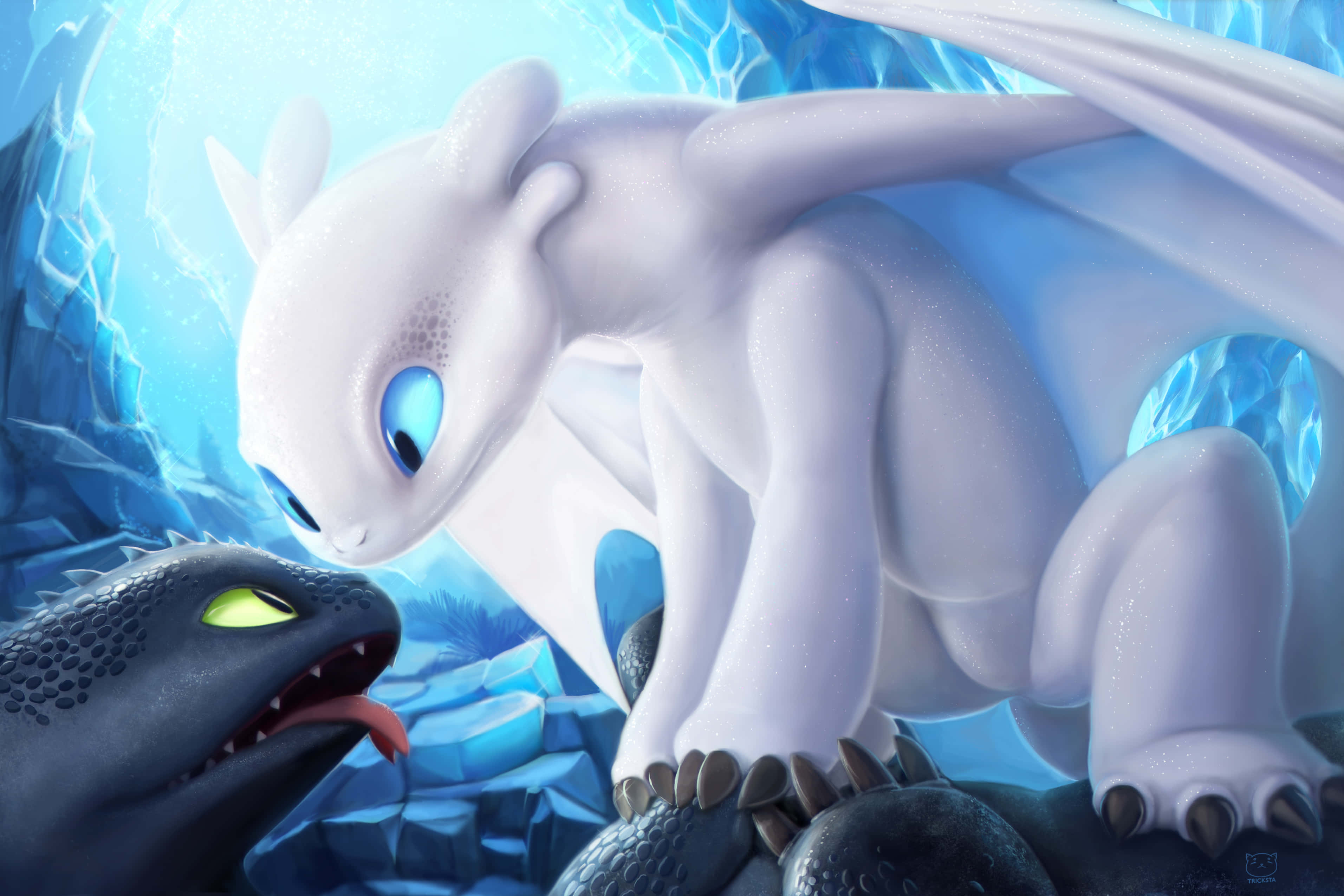 Toothless And Stitch 桌布 壁紙 — 一隻藍眼白龍在發光的冰洞中輕輕地用鼻子蹭著一條黑龍。