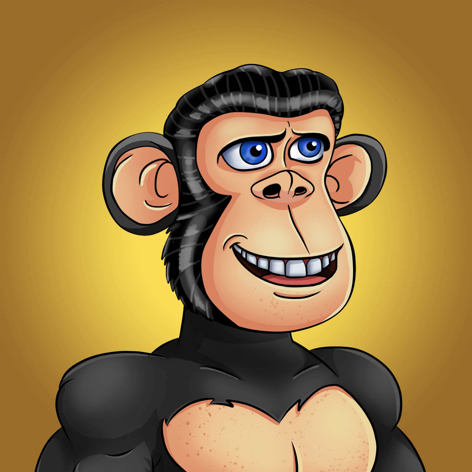 Ape 桌布 壁紙 — 一隻藍眼睛、咧嘴大笑的卡通黑猩猩站在金色漸變背景前。