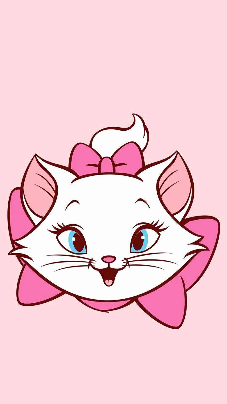 Marie Cat 桌布 壁紙 — 一隻藍眼睛、戴粉紅色蝴蝶結的開心卡通貓咪在柔和粉紅色背景上微笑。