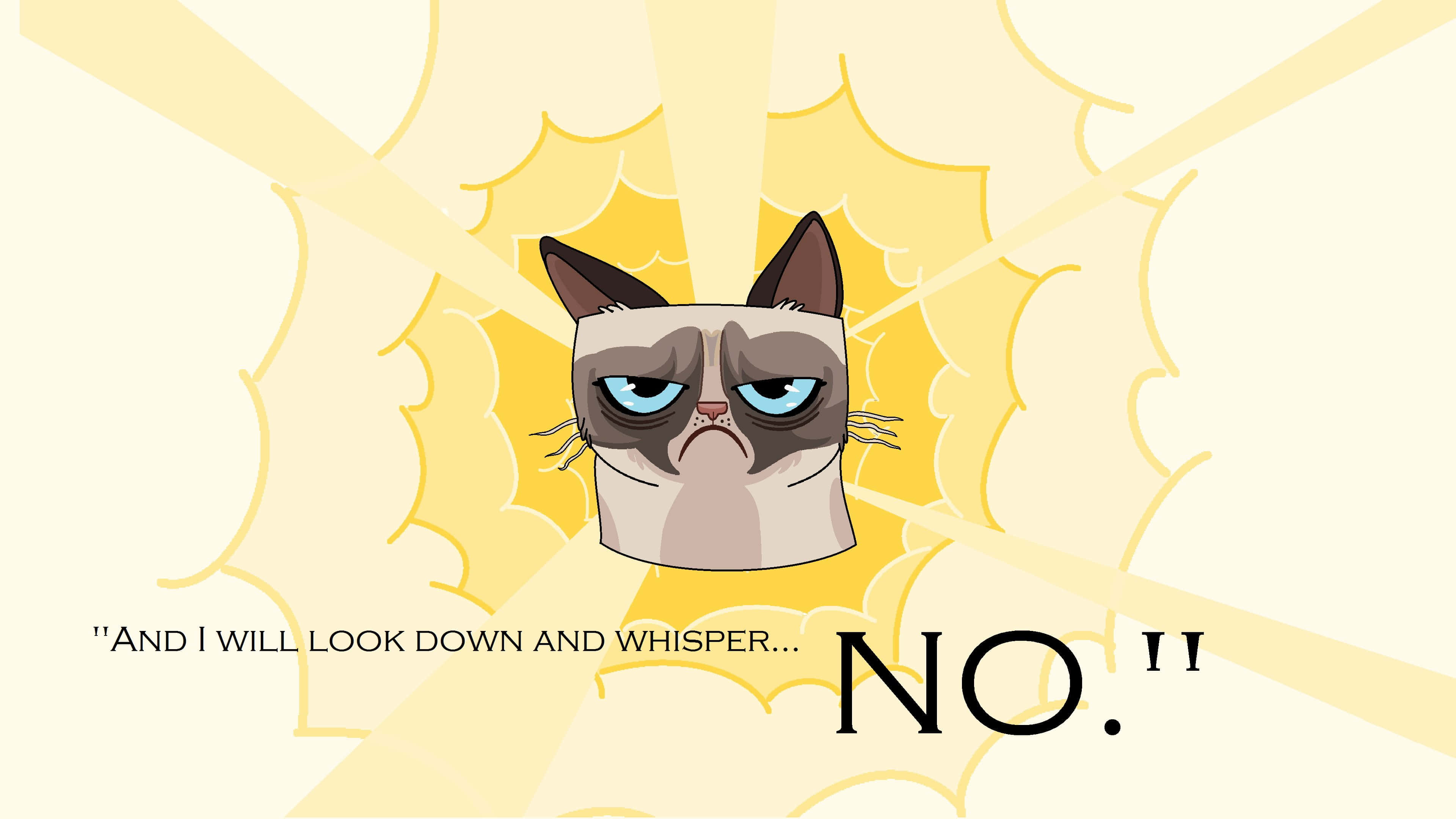 Grumpy Cat 桌布 壁紙 — 一隻藍眼睛、皺著眉頭的脾氣暴躁貓咪，在奶油色背景上散發出黃色光線，並帶有文字 'NO.'