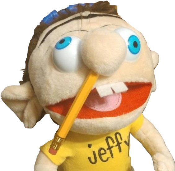 Jeffy 桌布 壁紙 — 一隻藍眼睛、鼻子上插著鉛筆的毛絨公仔，穿著一件印有jeffy名字的黃色襯衫。