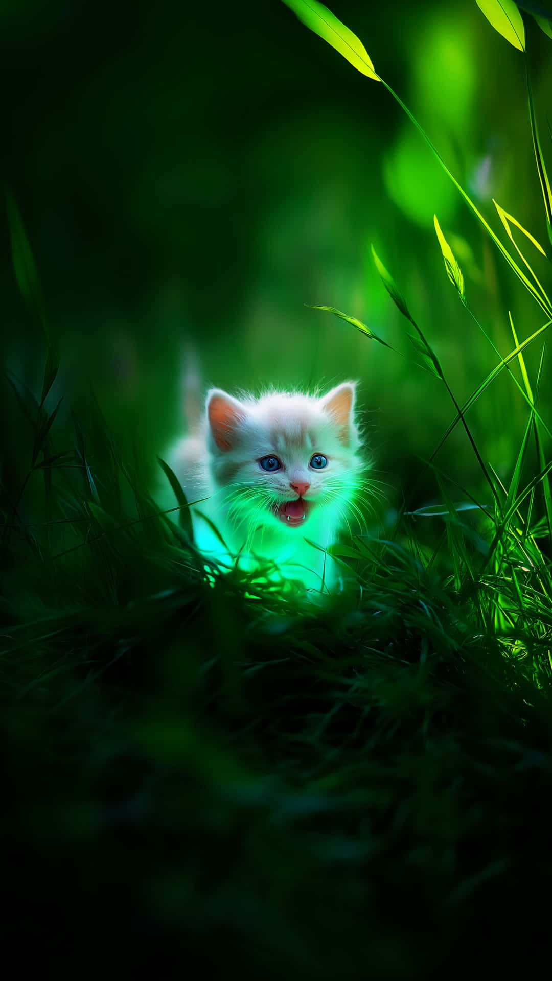 A radiant white kitten with glowing green aura exploring a magical emerald forest 壁紙 — 一隻藍眼睛的小白貓在黑暗森林空地上，從發光的綠草中探出頭來。