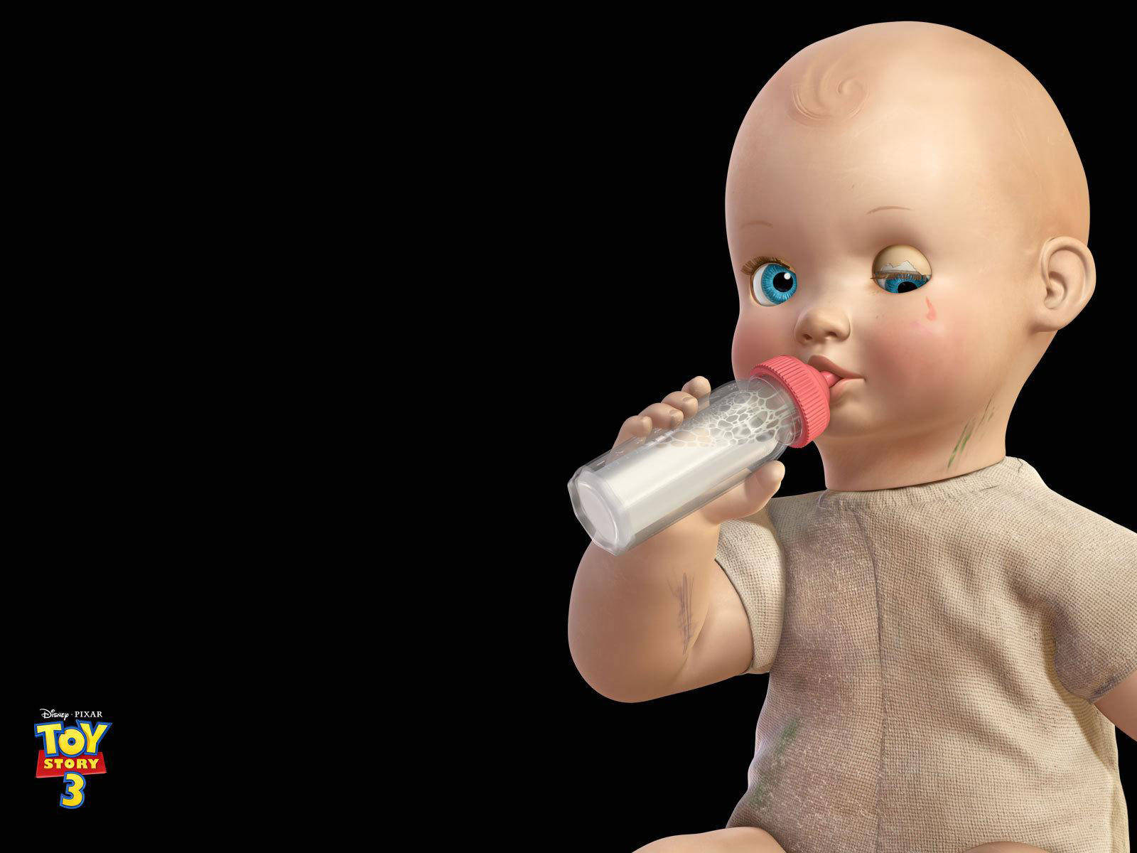 Toy Story 3 桌布 壁紙 — 一隻藍眼睛的復古娃娃在純黑背景下用瓶子啜飲。