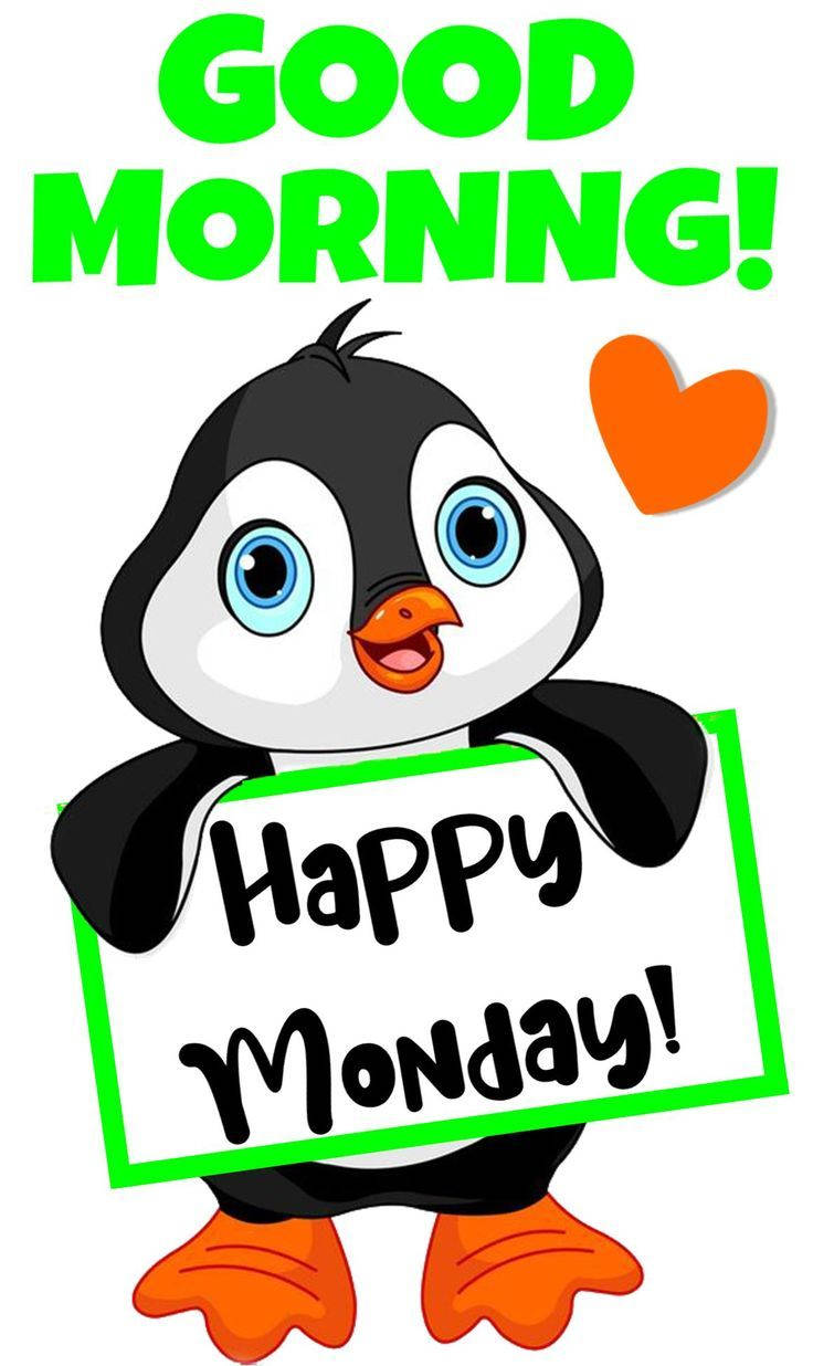 Happy Monday 桌布 壁紙 — 一隻藍眼睛的快樂卡通企鵝，在亮綠色「GOOD MORNING!」文字下方舉著寫有「Happy Monday!」的牌子。