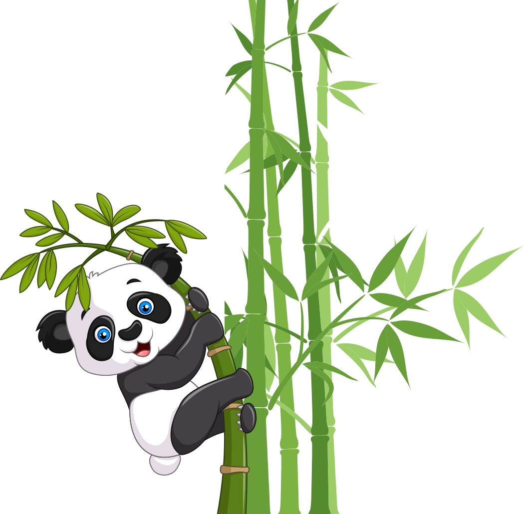 Bamboo 桌布 壁紙 — 一隻藍眼睛的快樂卡通熊貓緊抓著綠色竹莖，背景為黑色。