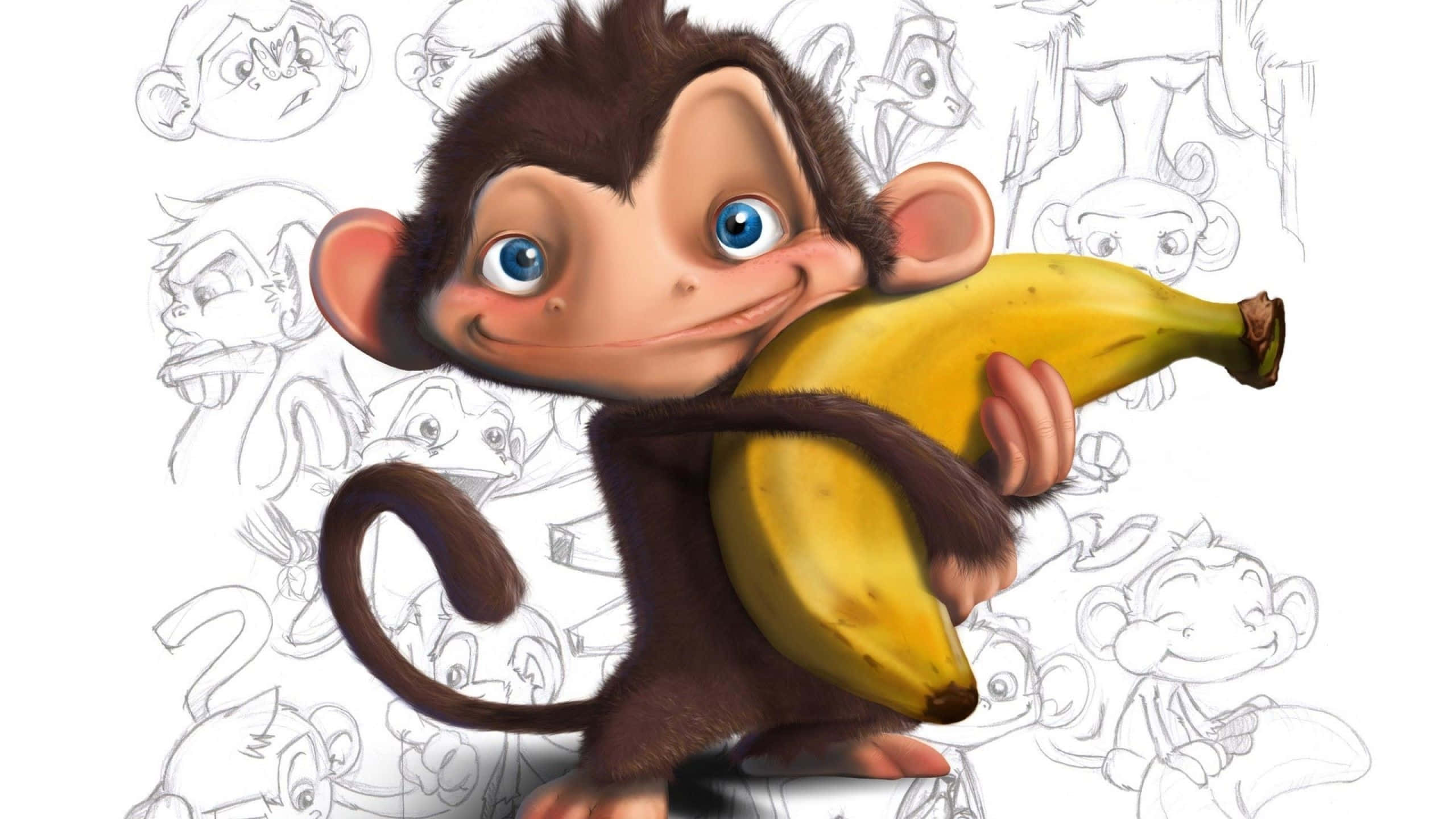 Monkey 桌布 壁紙 — 一隻藍眼睛的快樂卡通猴子，在草圖猴子圖畫的背景前緊握著一根成熟的香蕉。