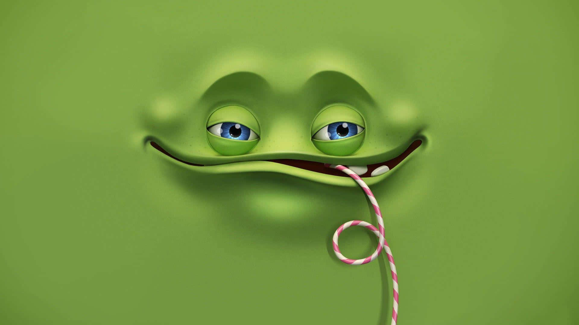 meme 桌布 壁紙 — 一隻藍眼睛的綠色卡通青蛙微笑著拿著紅白條紋吸管。