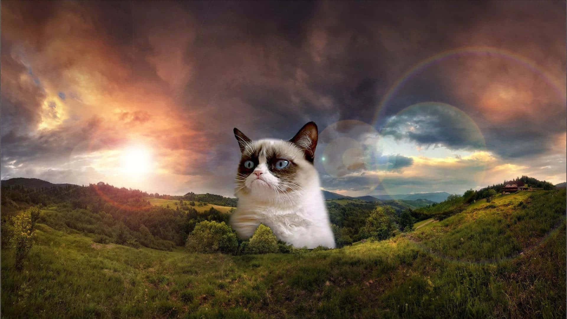 Grumpy Cat 桌布 壁紙 — 一隻藍眼睛的脾氣暴躁的貓坐在草地上，背景是帶有鏡頭光暈的戲劇性日落天空。