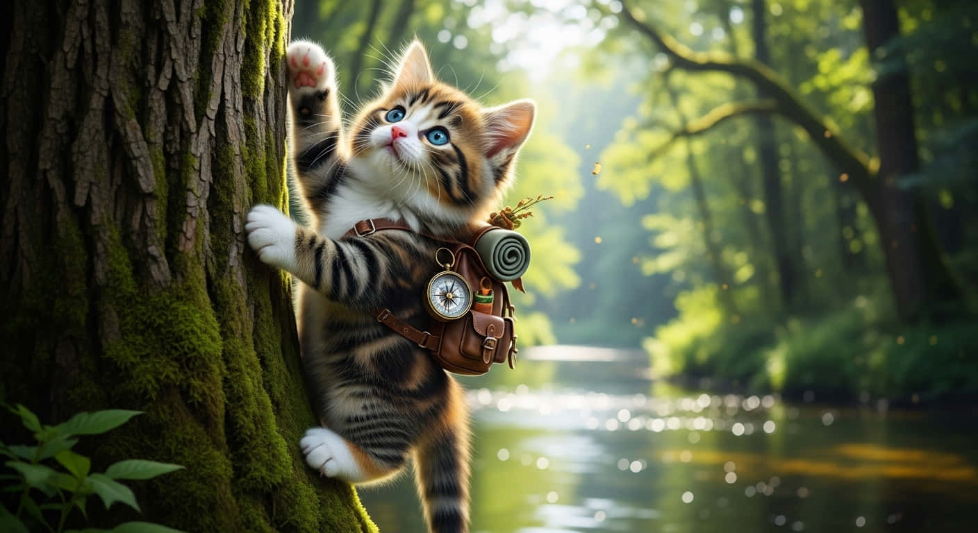 A cat climbing a tree in a deep forest side of a river 壁紙 — 一隻藍眼睛的虎斑小貓在陽光明媚的森林中，在一條閃閃發光的河邊，攀爬長滿苔蘚的樹幹。