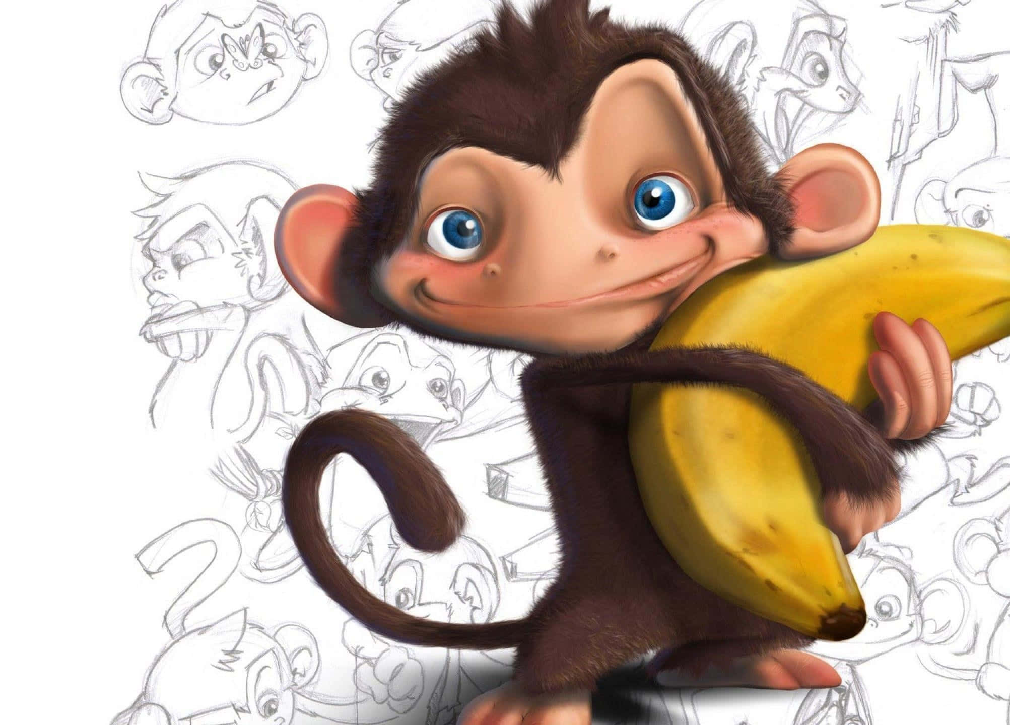 Funny Monkey 桌布 壁紙 — 一隻藍眼睛的開心卡通猴子，在背景其他猴子的鉛筆素描襯托下，緊握著一根成熟的香蕉。