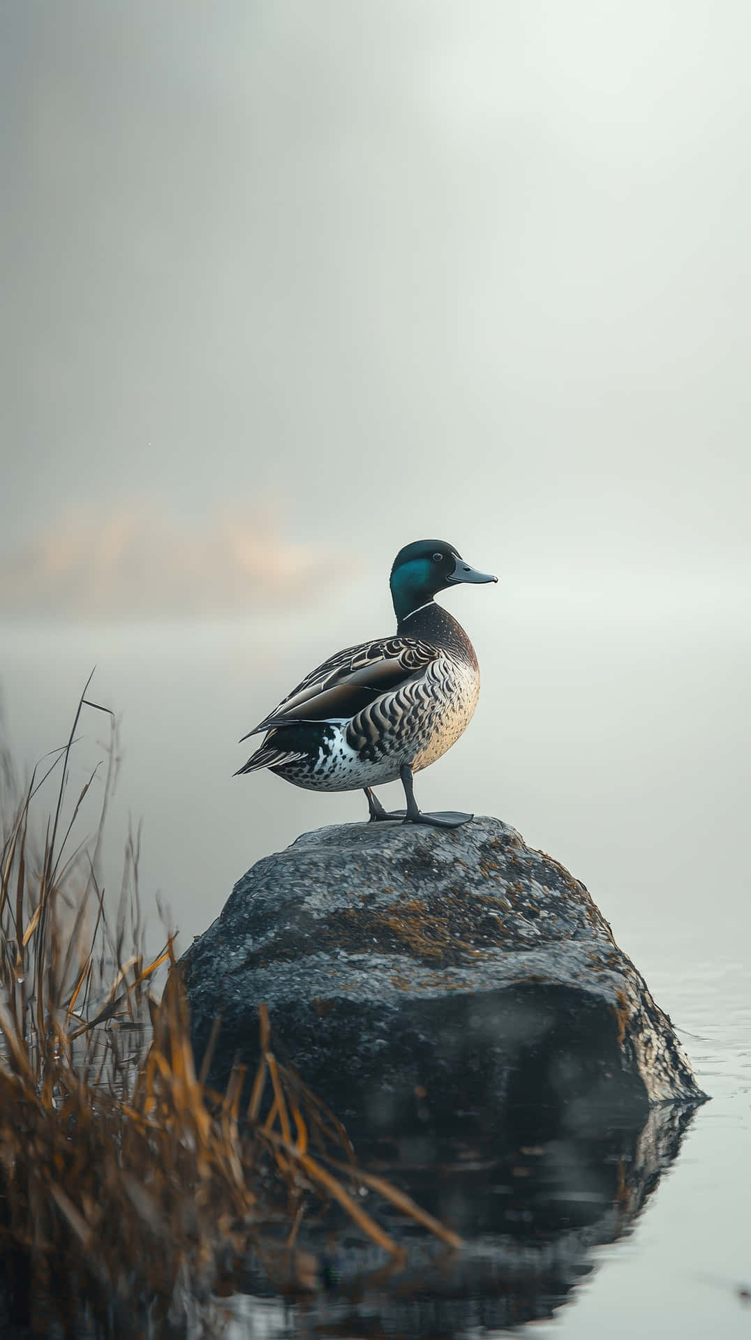 Tranquil duck perched on a rock in a misty lake at dawn 壁紙 — 一隻藍綠色鴨子平靜地棲息在霧氣瀰漫的水中長滿苔蘚的石頭上，附近有金色的蘆葦。