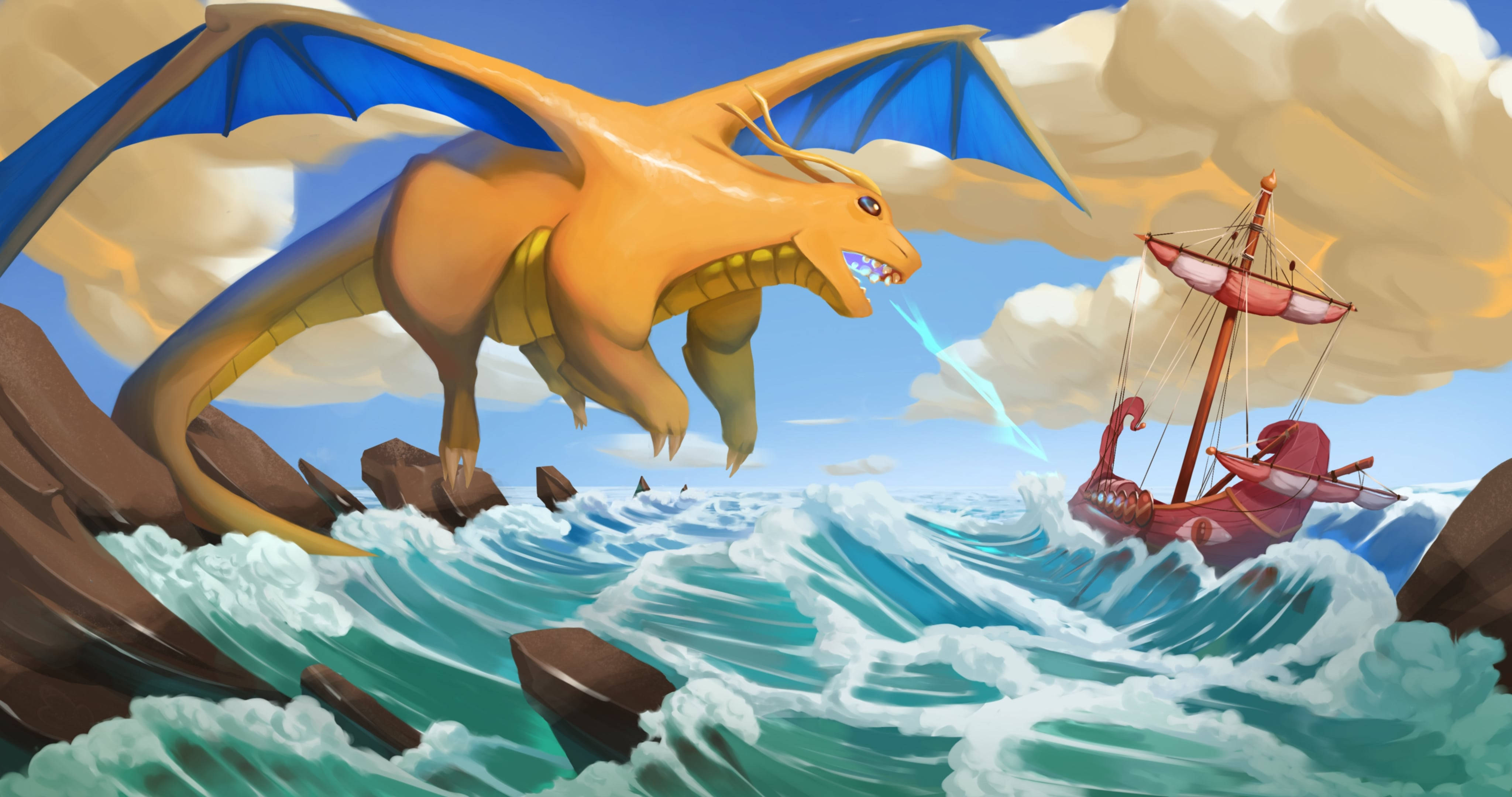 Dragonite 桌布 壁紙 — 一隻藍翼巨型黃龍在暴風雨的海上噴出閃電，一艘紅船正在與海浪搏鬥。