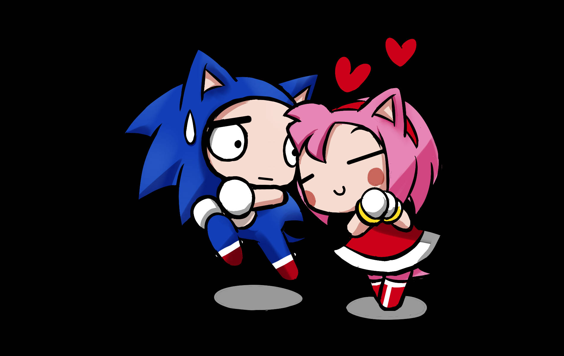 Amy Rose 桌布 壁紙 — 一隻藍色刺蝟和粉紅色刺蝟以Q版風格擁抱，心形在它們上方飄浮，背景為黑色。